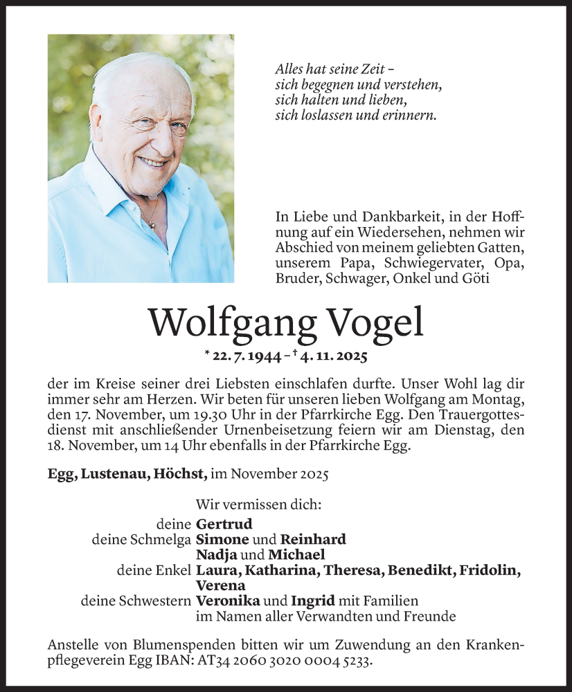  Todesanzeige für Wolfgang Vogel vom 07.11.2025 aus Vorarlberger Nachrichten