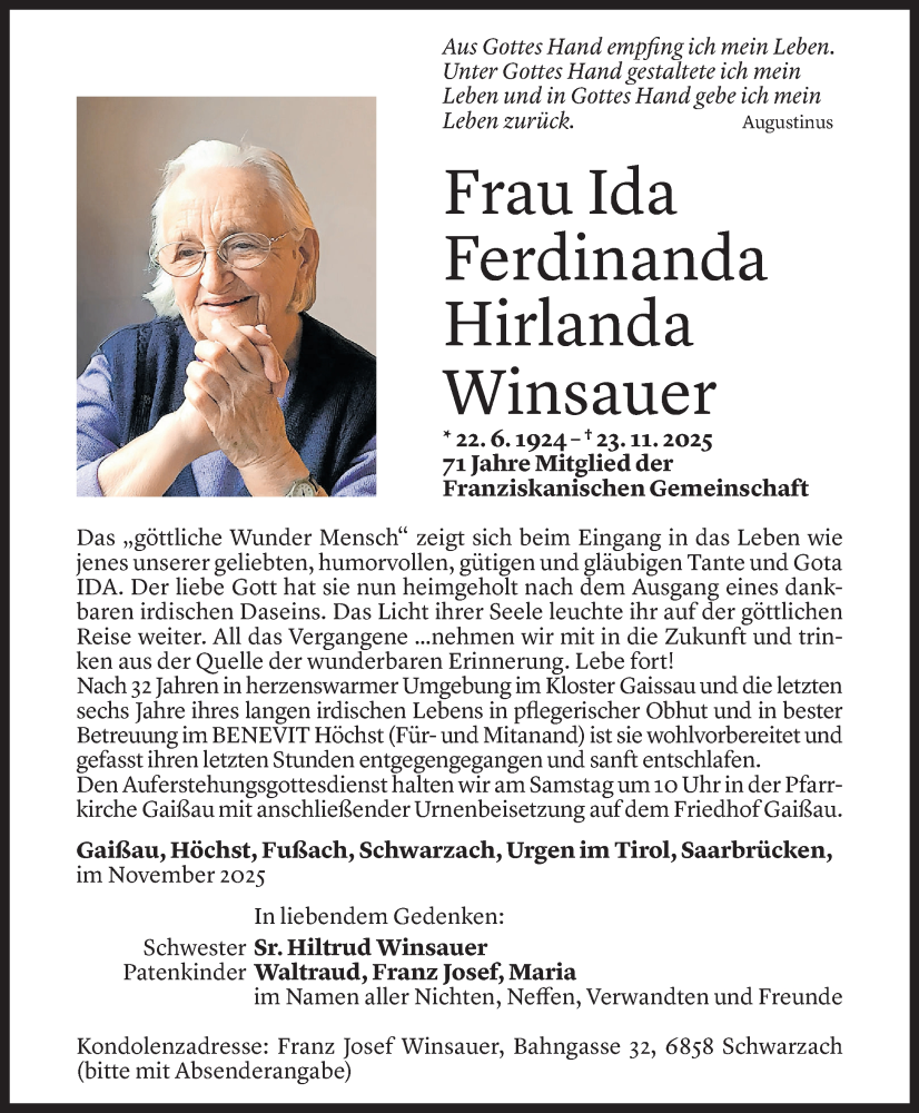  Todesanzeige für Ida Winsauer vom 25.11.2025 aus Vorarlberger Nachrichten