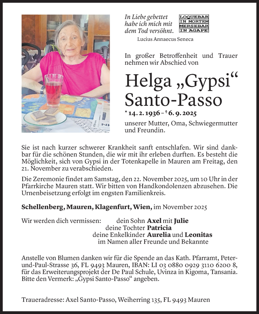  Todesanzeige für Helga Santo-Passo vom 05.11.2025 aus vorarlberger nachrichten