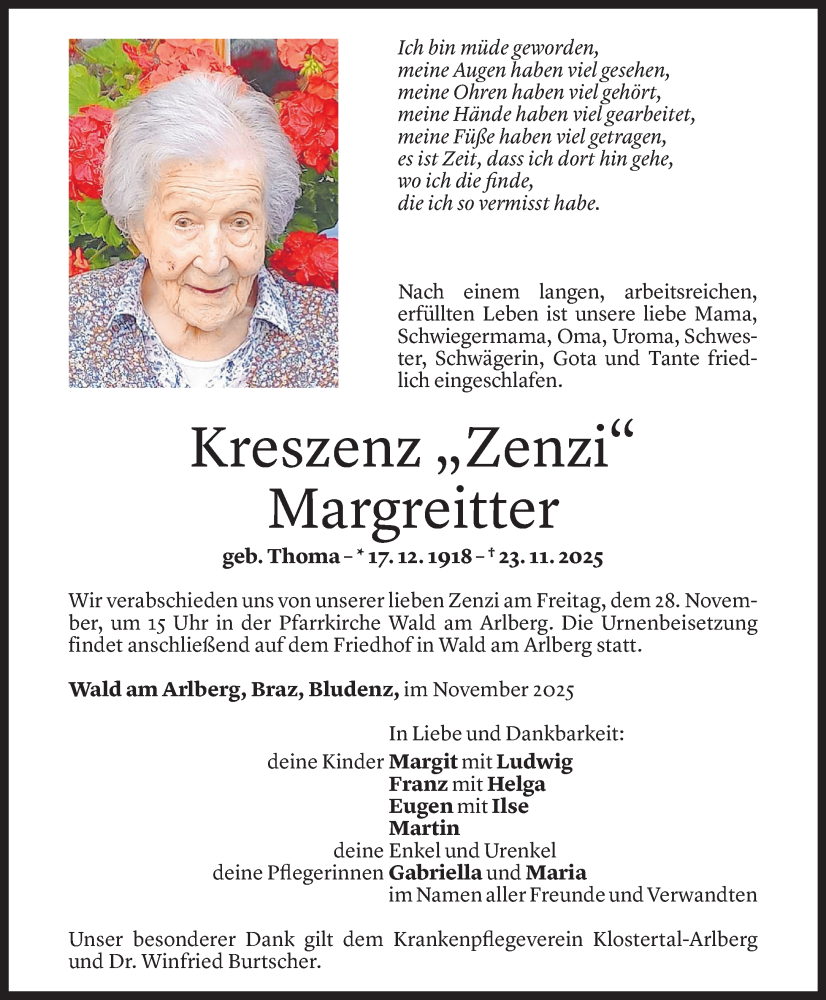  Todesanzeige für Kreszenz Margreitter vom 26.11.2025 aus Vorarlberger Nachrichten