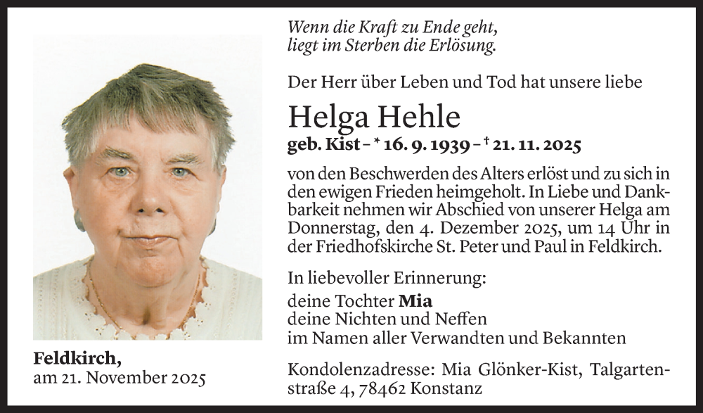  Todesanzeige für Helga Hehle vom 26.11.2025 aus vorarlberger nachrichten