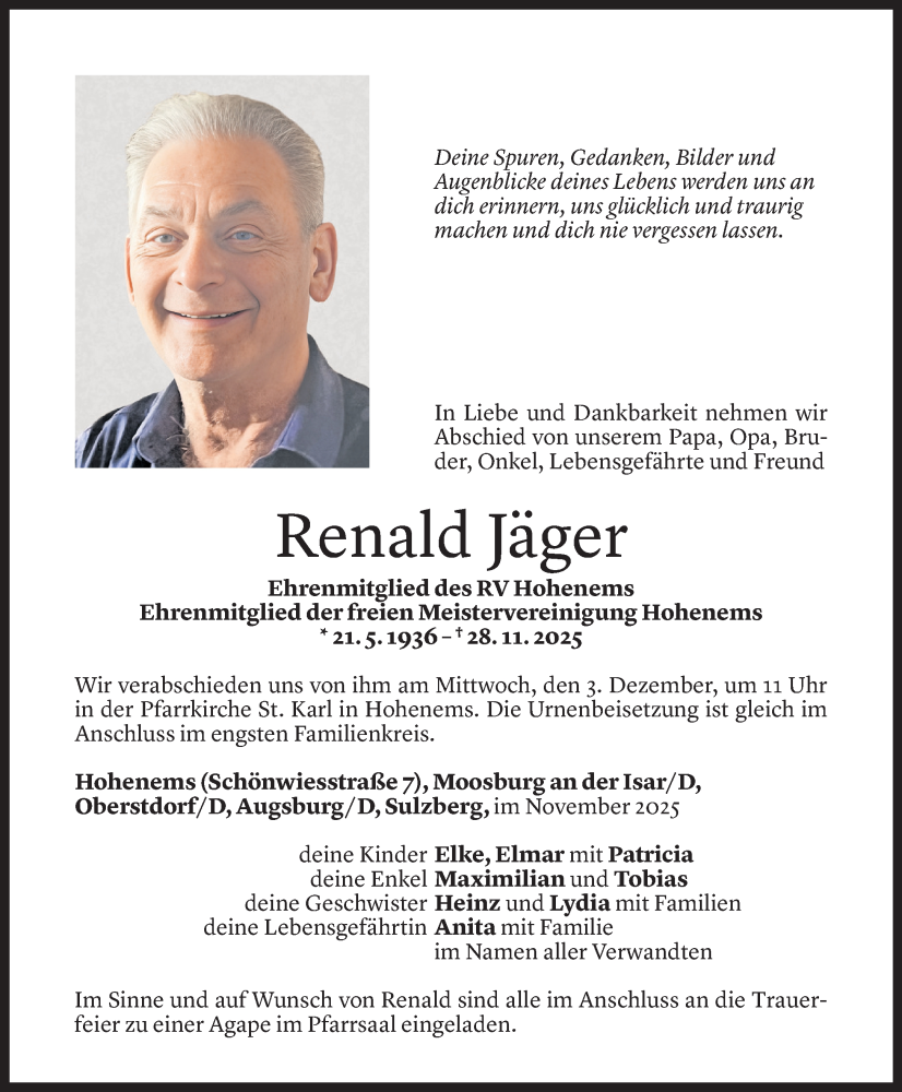  Todesanzeige für Renald Jäger vom 28.11.2025 aus Vorarlberger Nachrichten