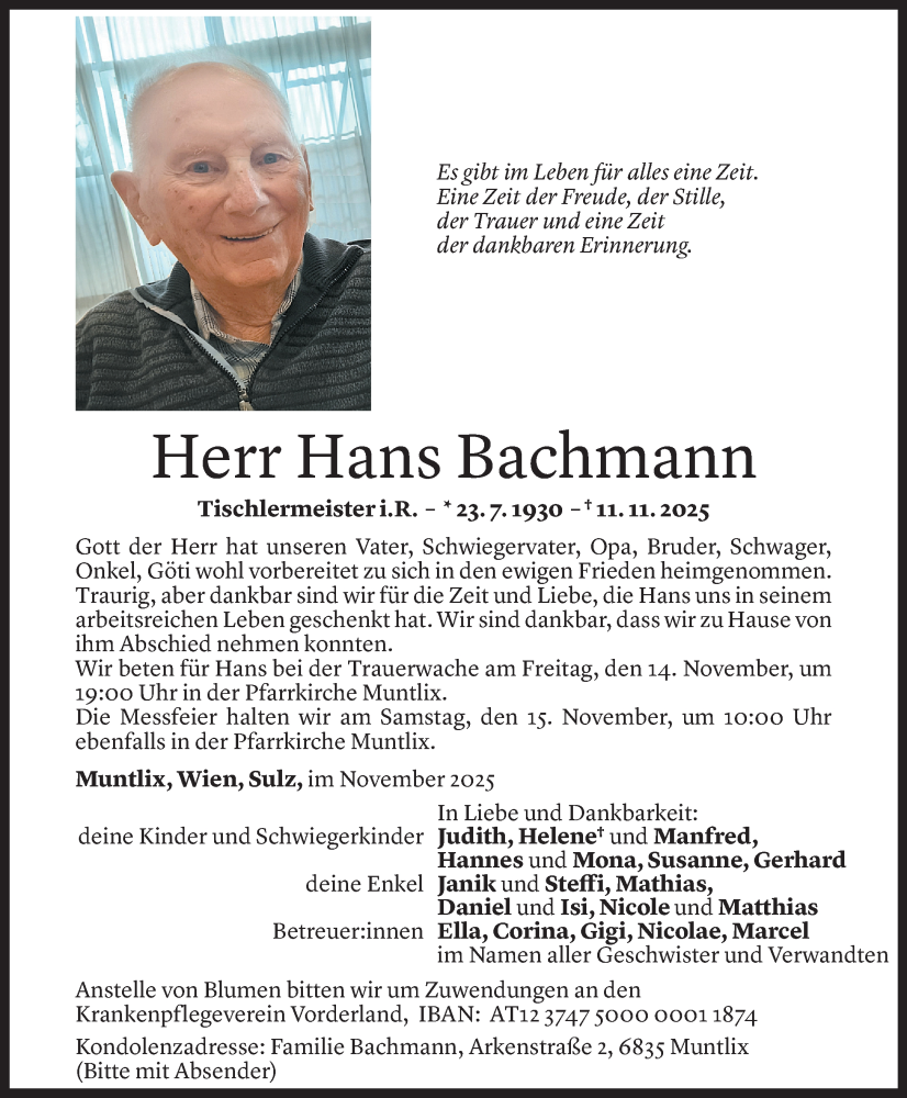  Todesanzeige für Hans Bachmann vom 12.11.2025 aus Vorarlberger Nachrichten