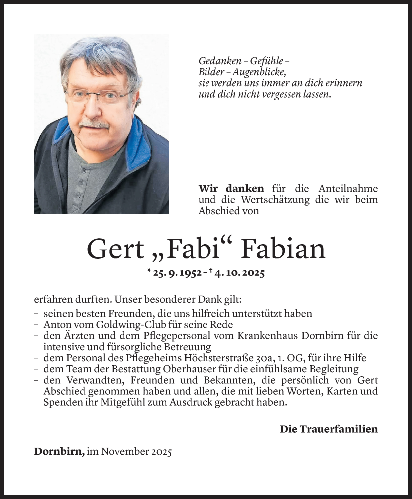 Todesanzeige für Gert Fabian vom 14.11.2025 aus Vorarlberger Nachrichten