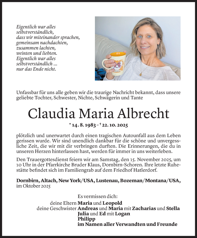  Todesanzeige für Claudia Maria Albrecht vom 12.11.2025 aus Vorarlberger Nachrichten