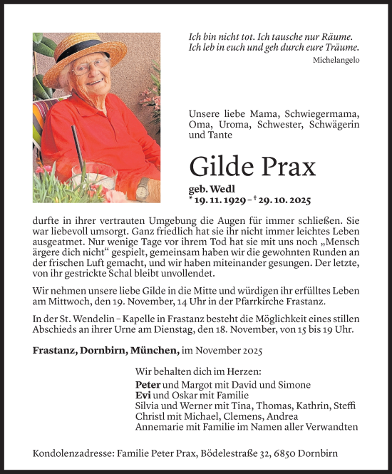 Todesanzeige von Gilde Prax von vorarlberger nachrichten