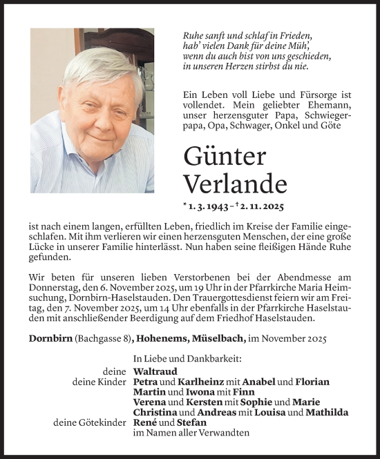 Todesanzeige von Günter Verlande von Vorarlberger Nachrichten