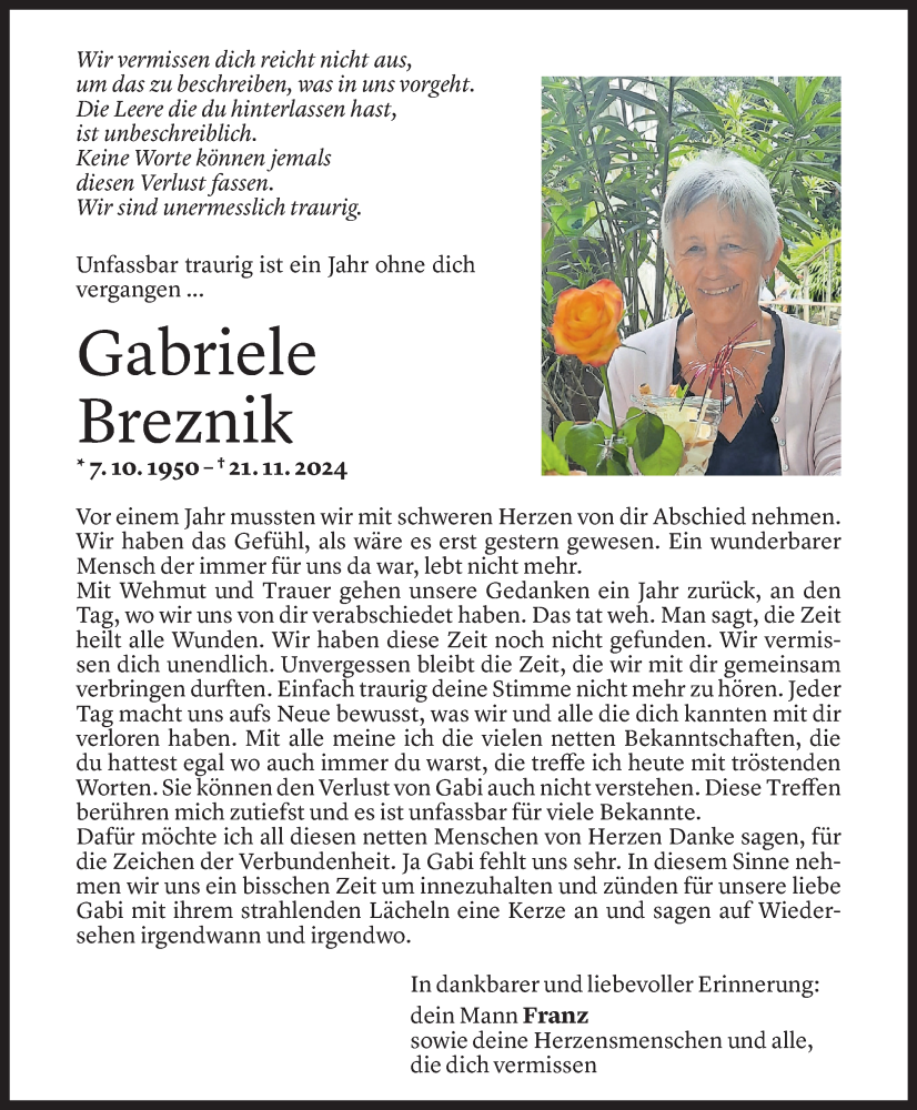  Todesanzeige für Gabriele Breznik vom 21.11.2025 aus Vorarlberger Nachrichten