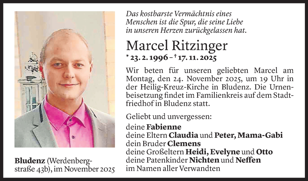  Todesanzeige für Marcel Ritzinger vom 20.11.2025 aus Vorarlberger Nachrichten