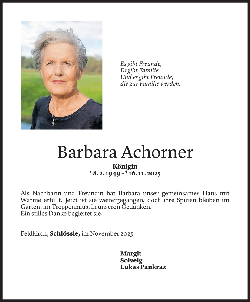  Todesanzeige für Barbara Achorner vom 21.11.2025 aus Vorarlberger Nachrichten