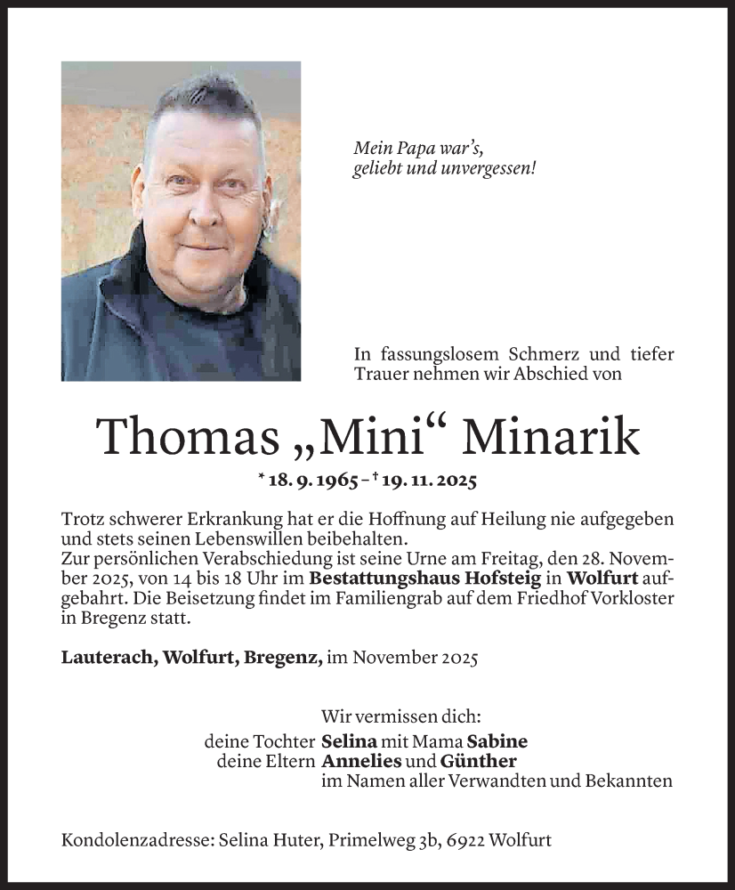  Todesanzeige für Thomas Minarik vom 26.11.2025 aus vorarlberger nachrichten