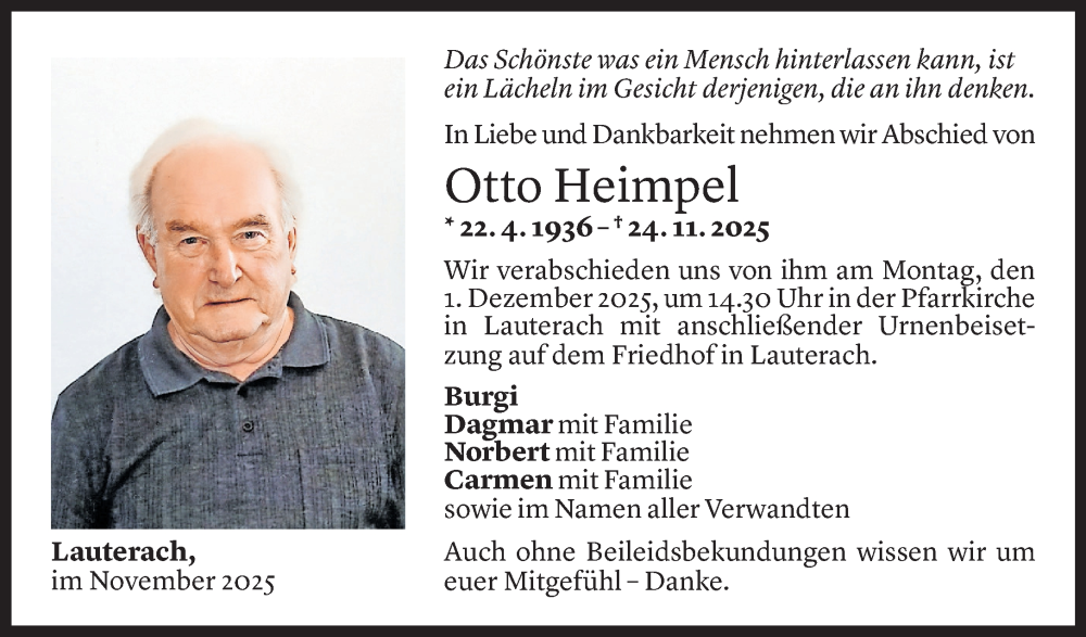  Todesanzeige für Otto Heimpel vom 27.11.2025 aus Vorarlberger Nachrichten