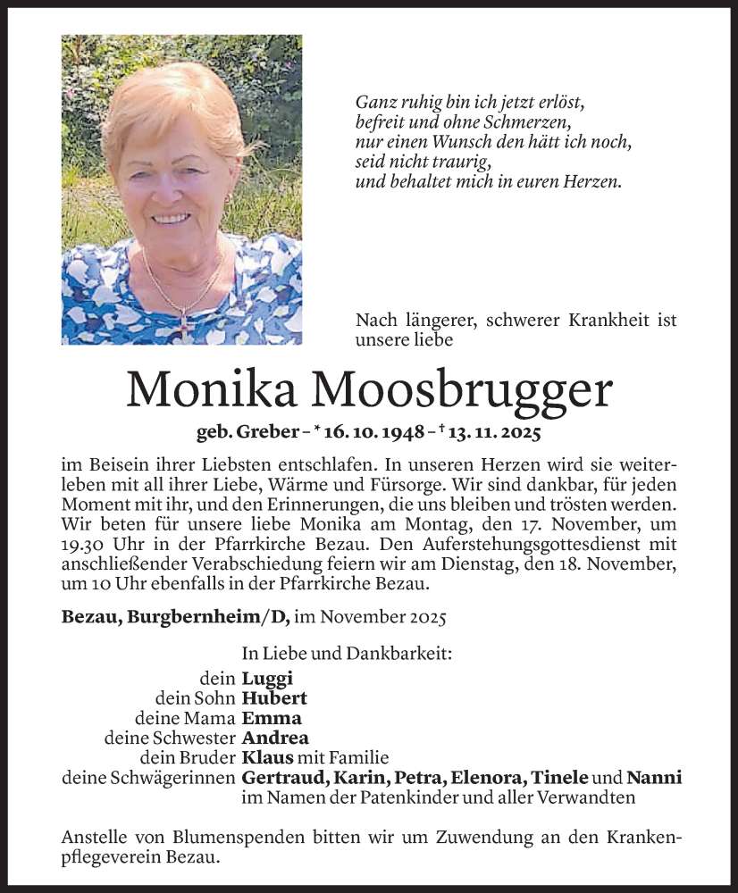  Todesanzeige für Monika Moosbrugger vom 14.11.2025 aus Vorarlberger Nachrichten