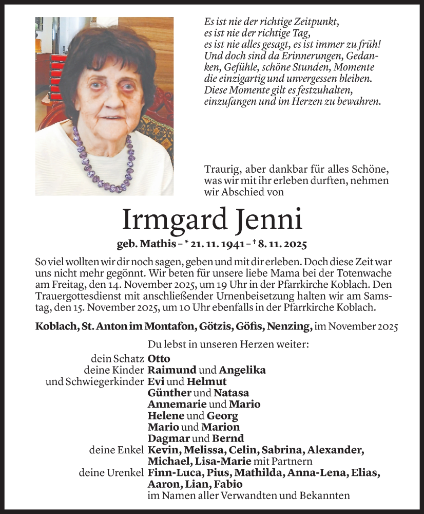  Todesanzeige für Irmgard Jenni vom 11.11.2025 aus Vorarlberger Nachrichten