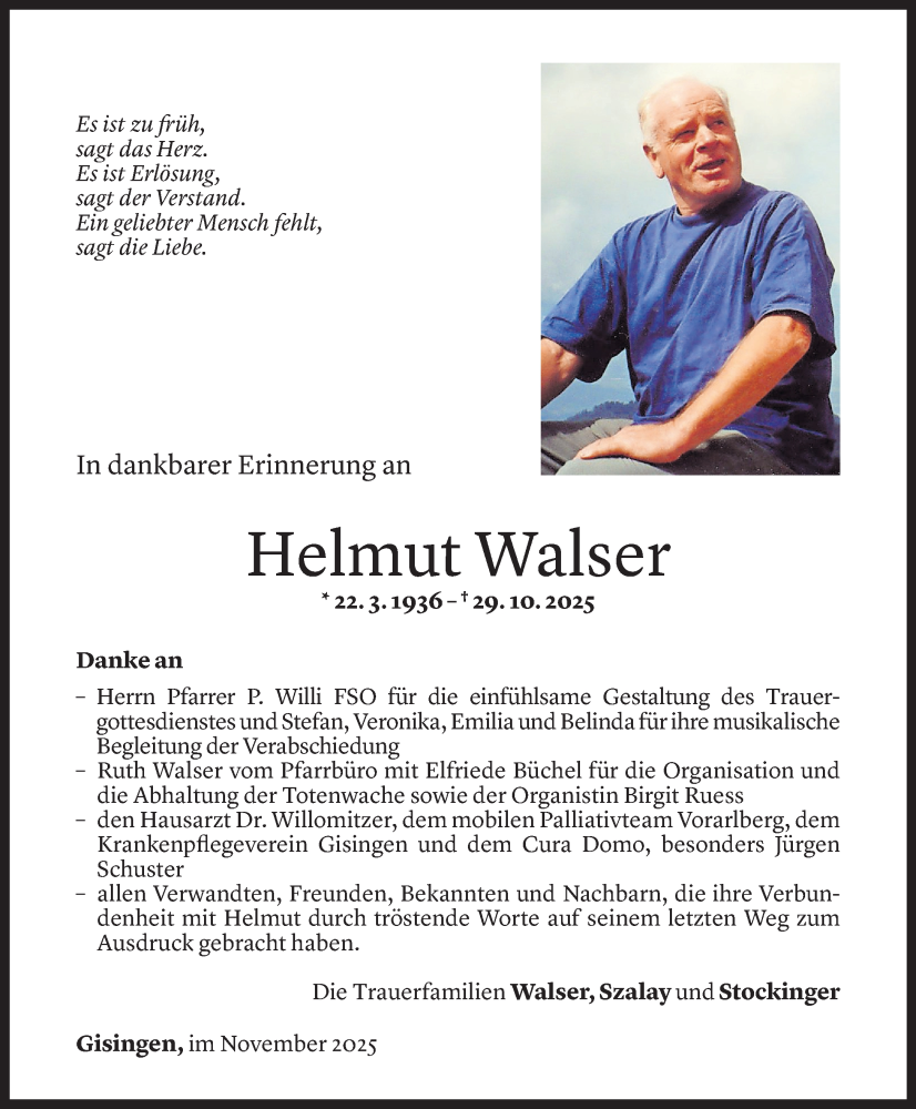  Todesanzeige für Helmut Walser vom 28.11.2025 aus Vorarlberger Nachrichten