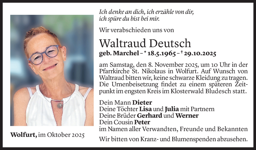  Todesanzeige für Waltraud Deutsch vom 04.11.2025 aus Vorarlberger Nachrichten