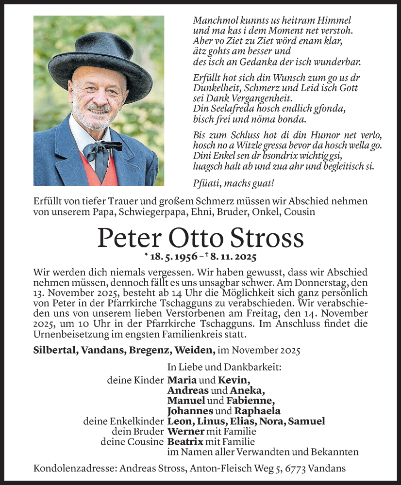  Todesanzeige für Peter Otto Stross vom 11.11.2025 aus Vorarlberger Nachrichten