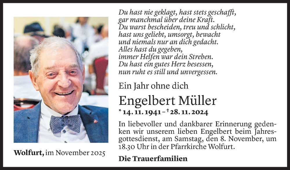  Todesanzeige für Engelbert Müller vom 04.11.2025 aus Vorarlberger Nachrichten
