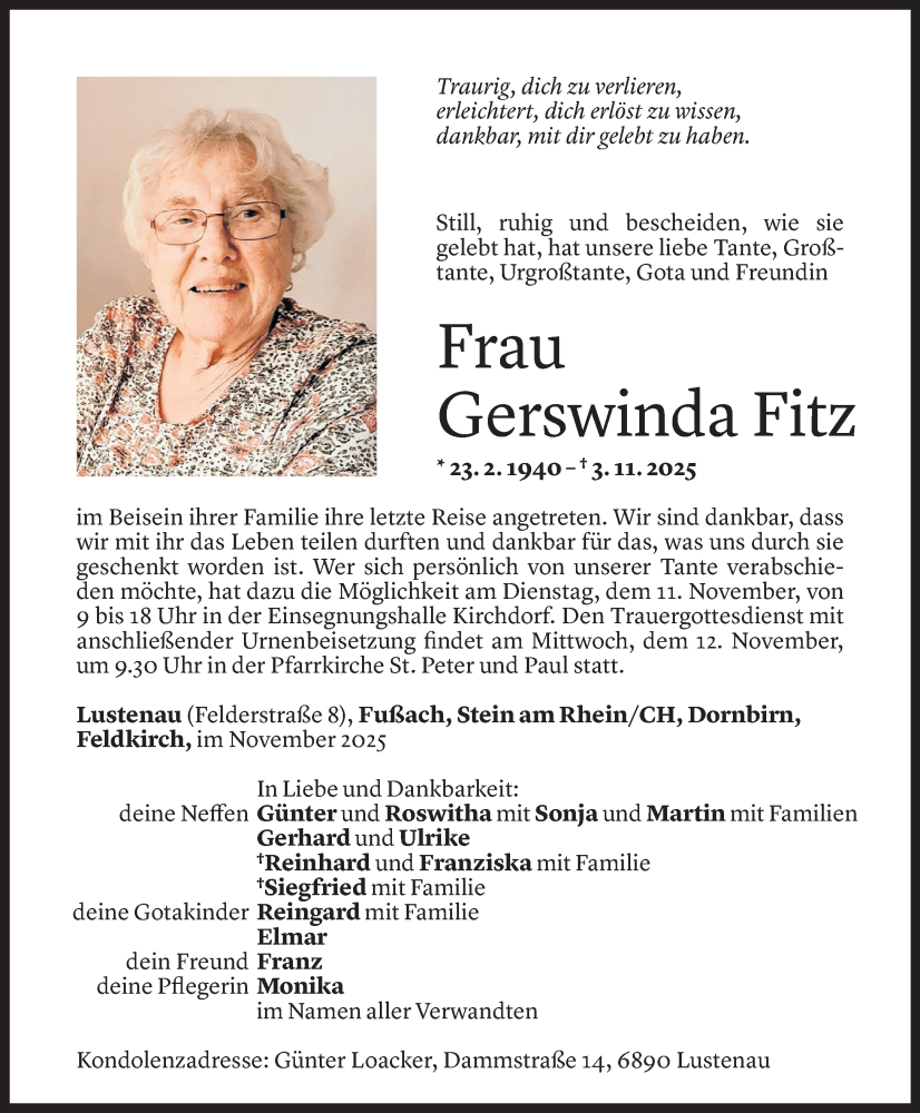  Todesanzeige für Gerswinda Fitz vom 05.11.2025 aus vorarlberger nachrichten