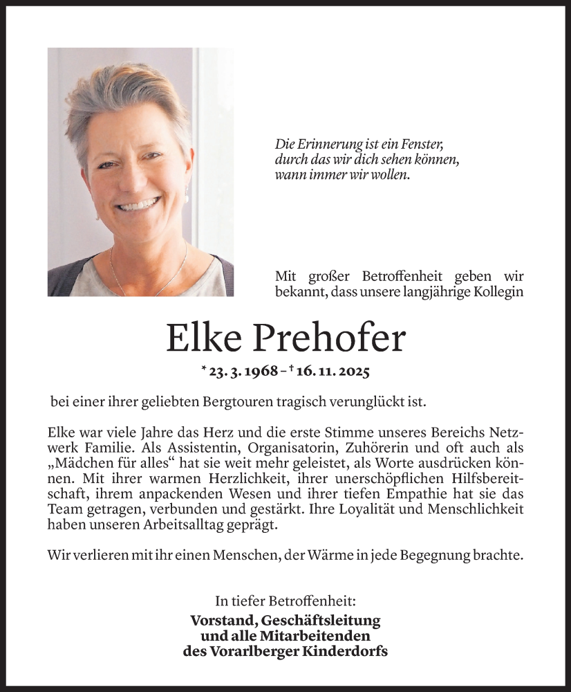  Todesanzeige für Elke Prehofer vom 21.11.2025 aus Vorarlberger Nachrichten