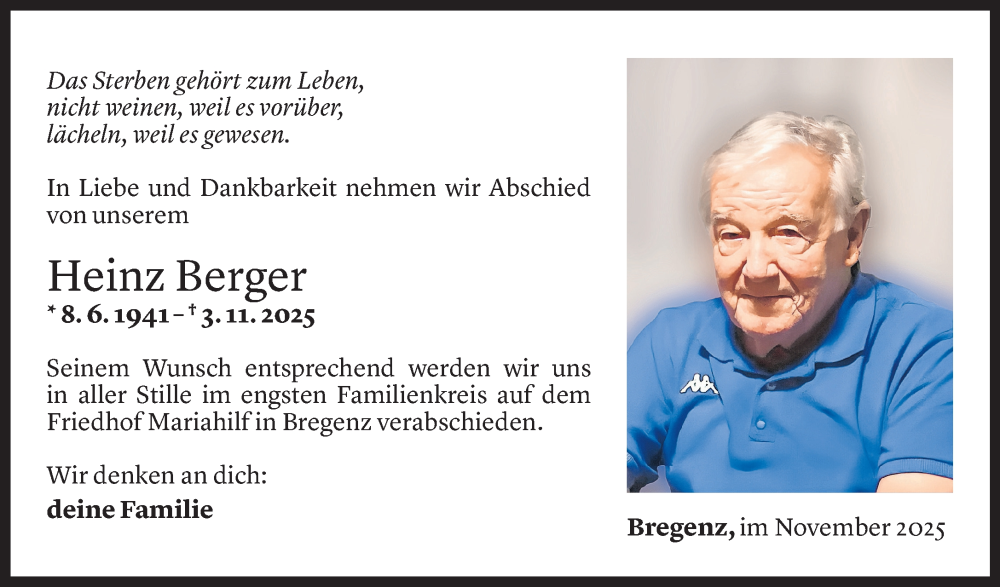  Todesanzeige für Heinz Berger vom 07.11.2025 aus vorarlberger nachrichten