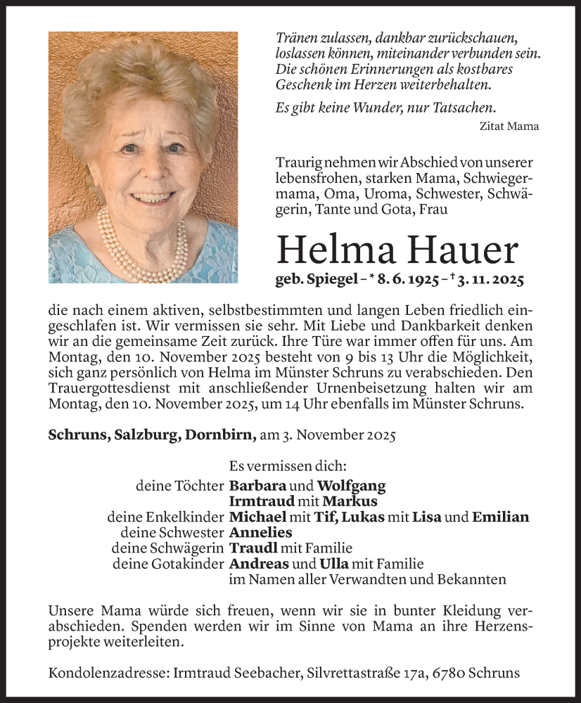  Todesanzeige für Helma Hauer vom 07.11.2025 aus Vorarlberger Nachrichten