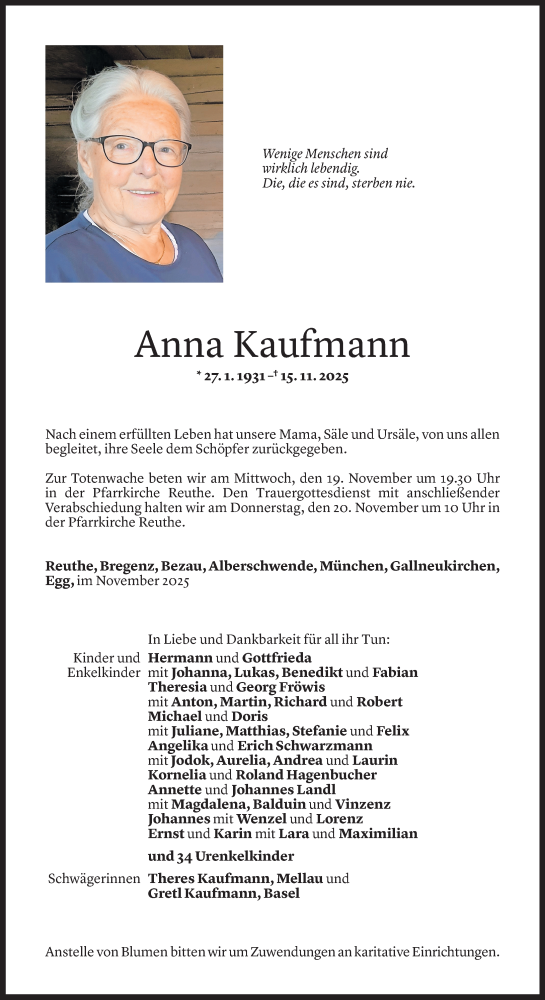  Todesanzeige für Anna Kaufmann vom 17.11.2025 aus vorarlberger nachrichten