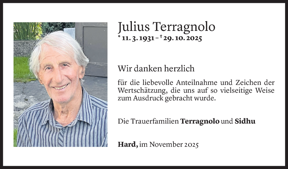  Todesanzeige für Julius Terragnolo vom 14.11.2025 aus vorarlberger nachrichten