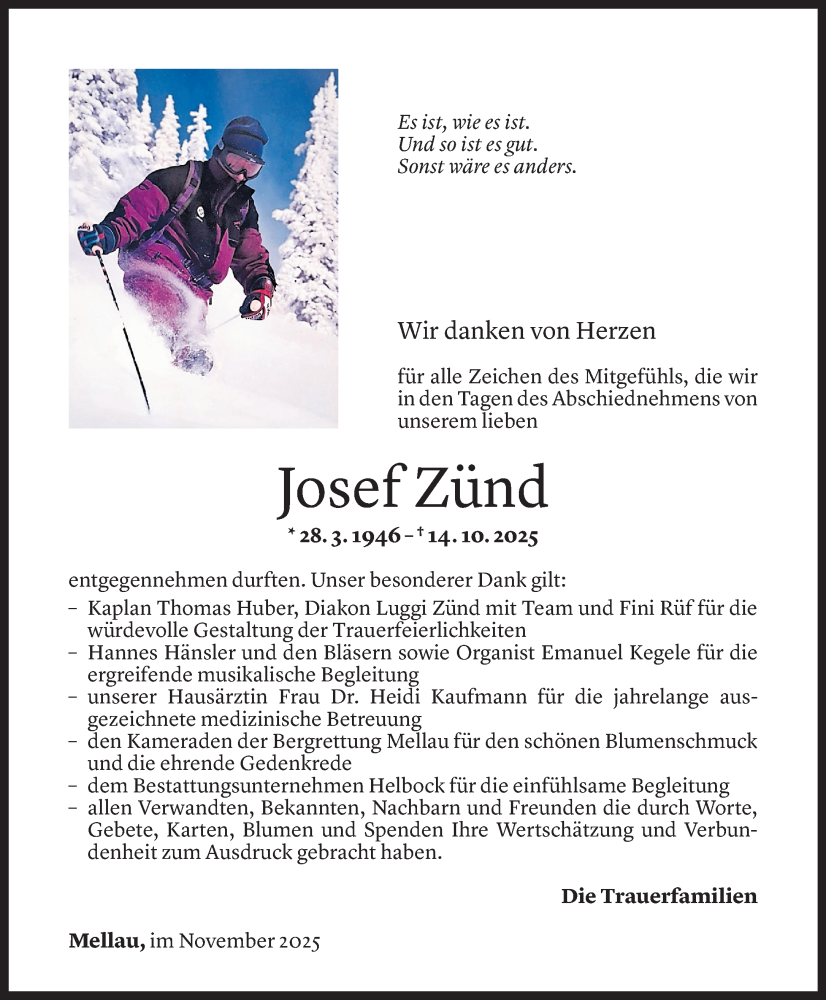  Todesanzeige für Josef Zünd vom 12.11.2025 aus vorarlberger nachrichten