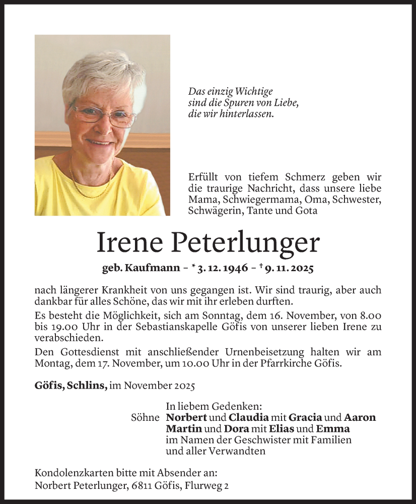  Todesanzeige für Irene Peterlunger vom 13.11.2025 aus Vorarlberger Nachrichten