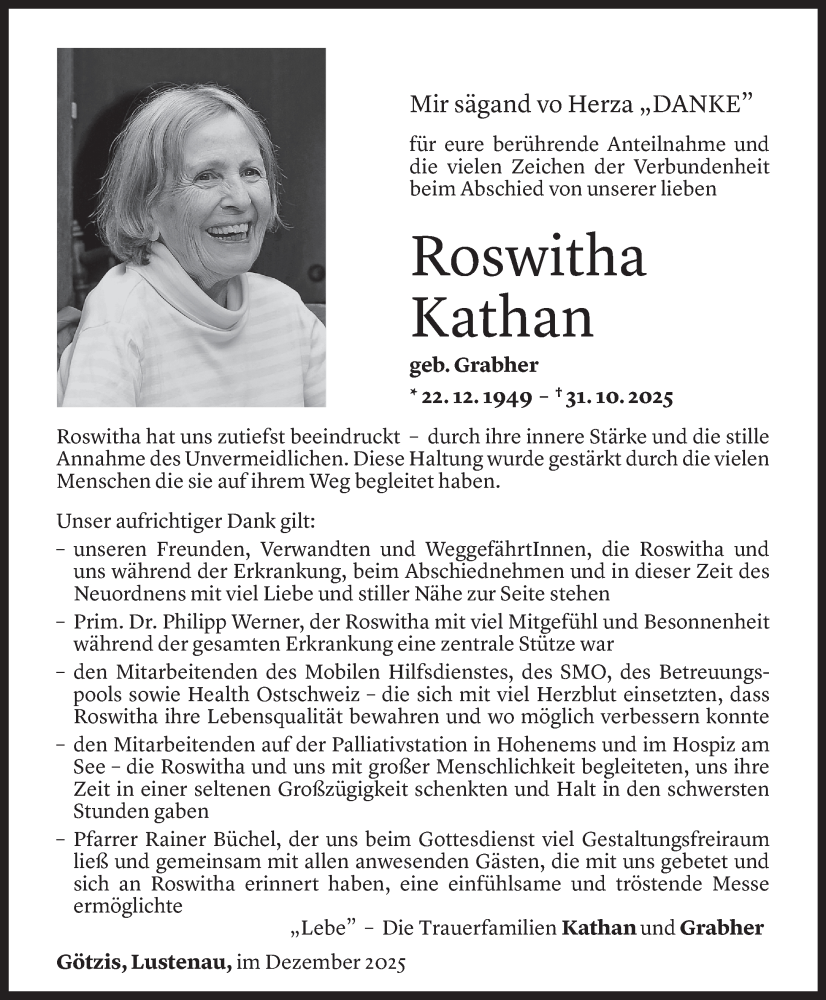  Todesanzeige für Roswitha Kathan vom 30.11.2025 aus Vorarlberger nachrichten