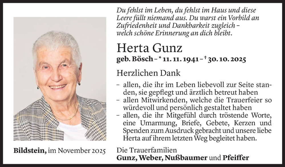  Todesanzeige für Herta Gunz vom 28.11.2025 aus Vorarlberger Nachrichten