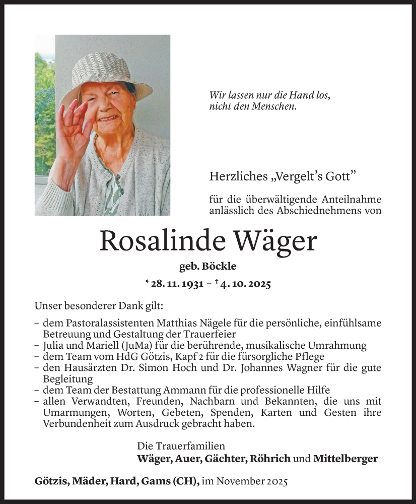  Todesanzeige für Rosalinde Wäger vom 13.11.2025 aus Vorarlberger Nachrichten