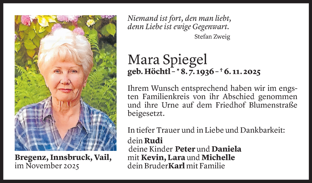  Todesanzeige für Mara Spiegel vom 20.11.2025 aus Vorarlberger Nachrichten
