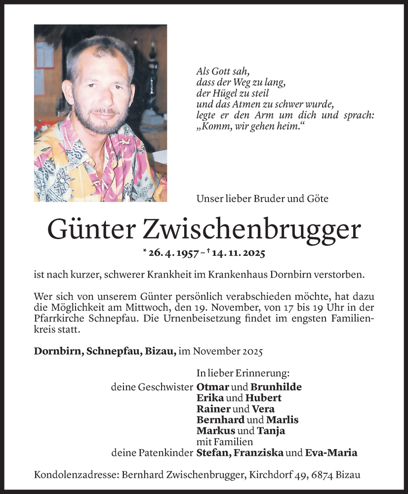  Todesanzeige für Günter Zwischenbrugger vom 17.11.2025 aus vorarlberger nachrichten