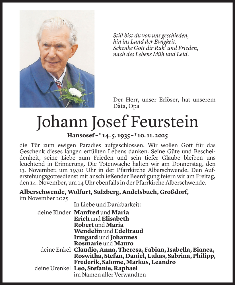  Todesanzeige für Johann Josef Feurstein vom 11.11.2025 aus Vorarlberger Nachrichten