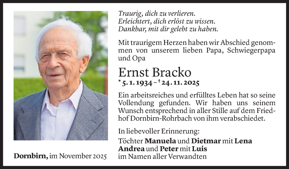  Todesanzeige für Ernst Bracko vom 29.11.2025 aus Vorarlberger Nachrichten