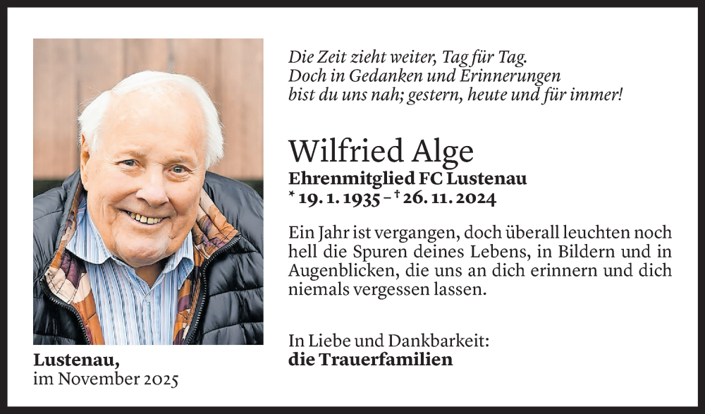  Todesanzeige für Wilfried Alge vom 18.11.2025 aus Vorarlberger Nachrichten