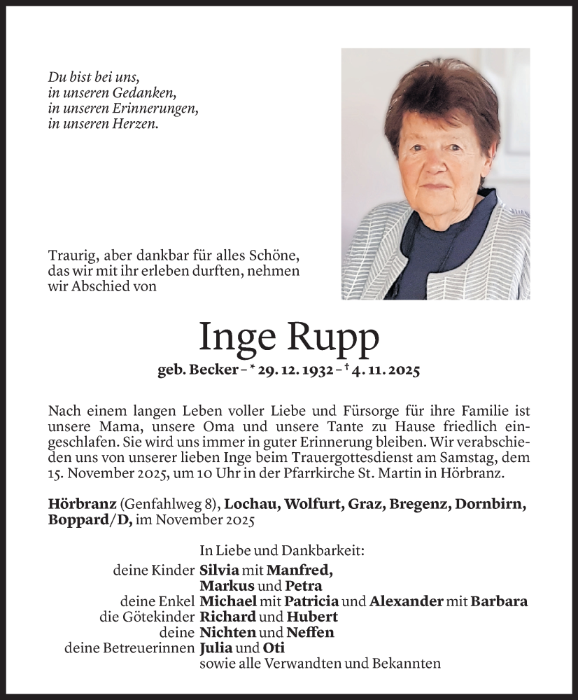  Todesanzeige für Inge Rupp vom 10.11.2025 aus vorarlberger nachrichten