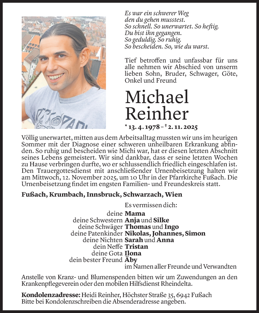  Todesanzeige für Michael Reinher vom 07.11.2025 aus Vorarlberger Nachrichten