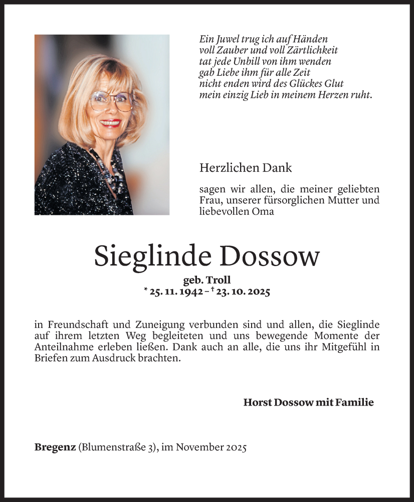  Todesanzeige für Sieglinde Dossow vom 25.11.2025 aus Vorarlberger Nachrichten