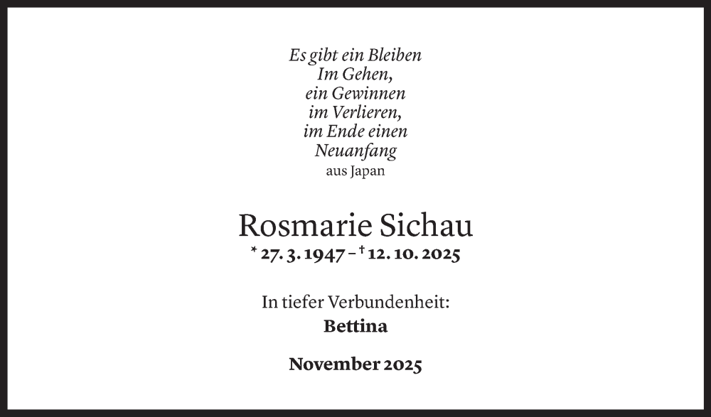  Todesanzeige für Rosmarie Sichau vom 23.11.2025 aus Vorarlberger Nachrichten