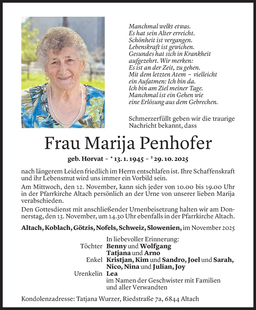  Todesanzeige für Marija Penhofer vom 04.11.2025 aus Vorarlberger Nachrichten