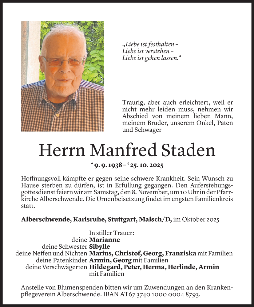  Todesanzeige für Manfred Staden vom 03.11.2025 aus Vorarlberger Nachrichten