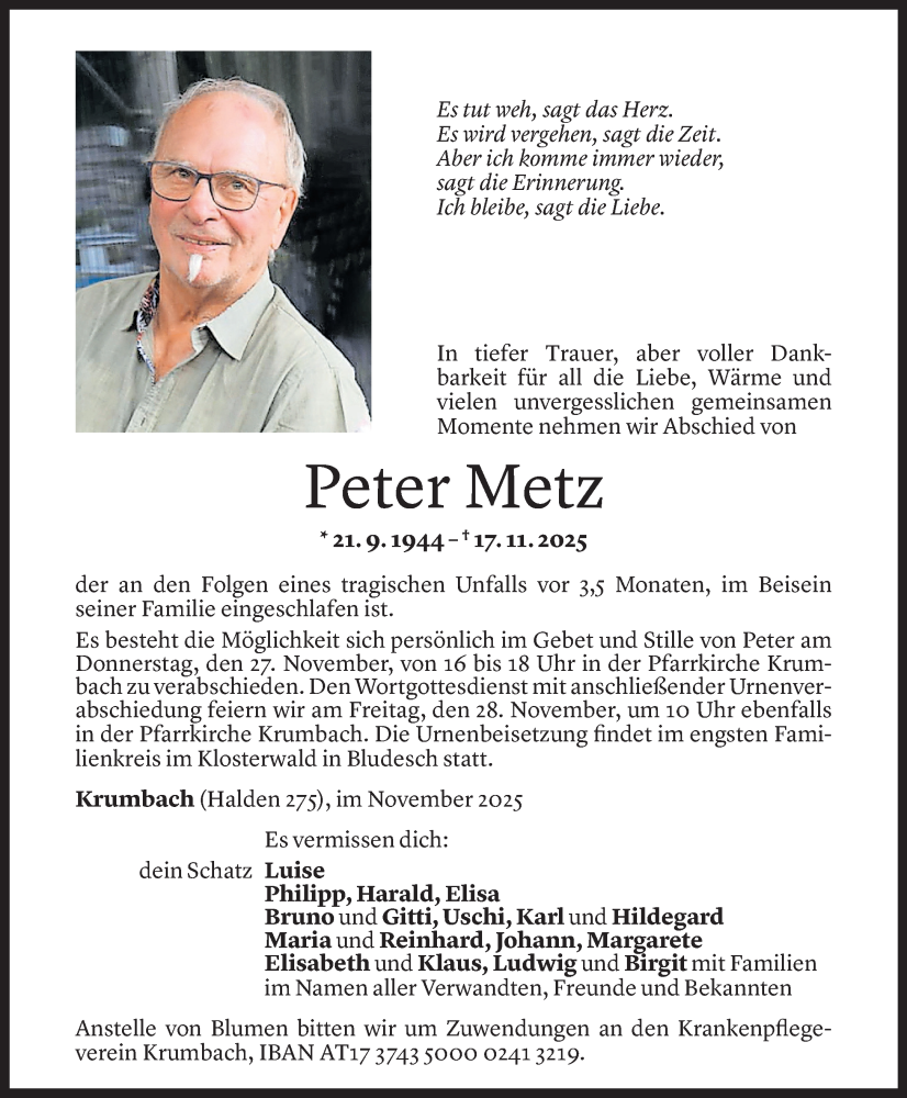 Todesanzeige für Peter Metz vom 25.11.2025 aus vorarlberger nachrichten