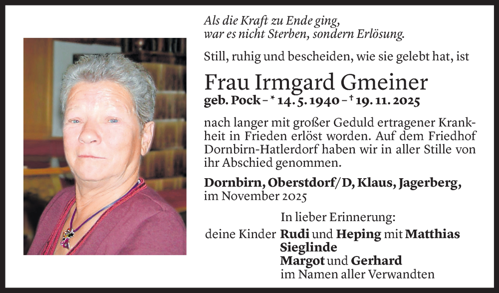  Todesanzeige für Irmgard Gmeiner vom 29.11.2025 aus Vorarlberger Nachrichten