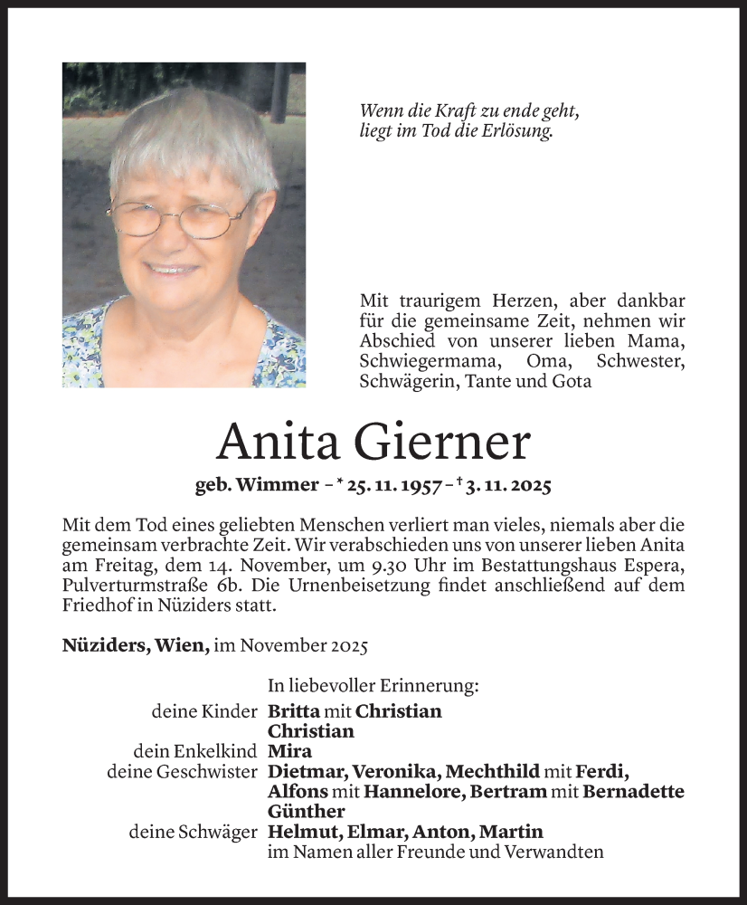  Todesanzeige für Anita Gierner vom 09.11.2025 aus Vorarlberger Nachrichten