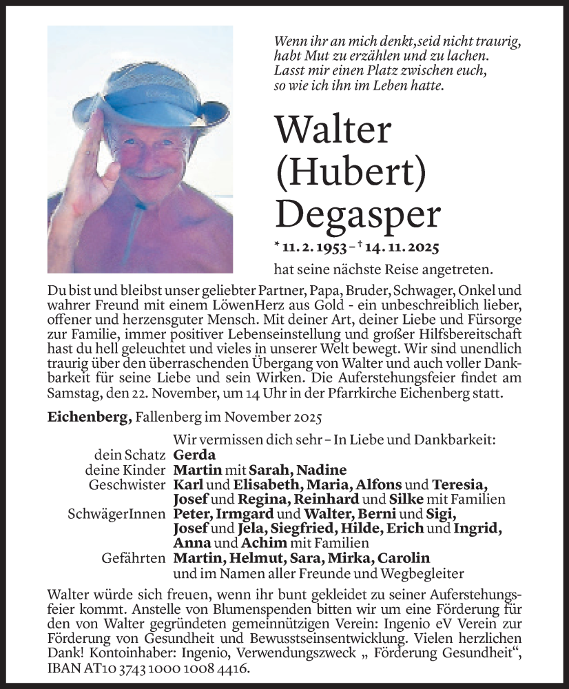  Todesanzeige für Walter Degasper vom 19.11.2025 aus Vorarlberger Nachrichten