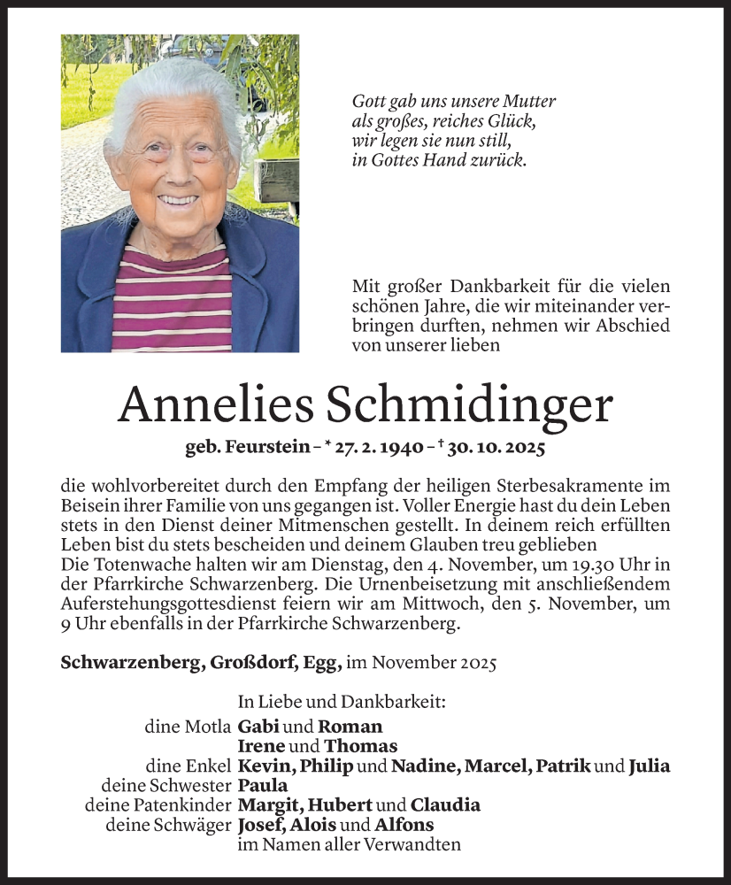  Todesanzeige für Annelies Schmidinger vom 02.11.2025 aus Vorarlberger Nachrichten