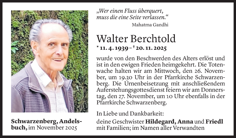  Todesanzeige für Walter Berchtold vom 24.11.2025 aus vorarlberger nachrichten